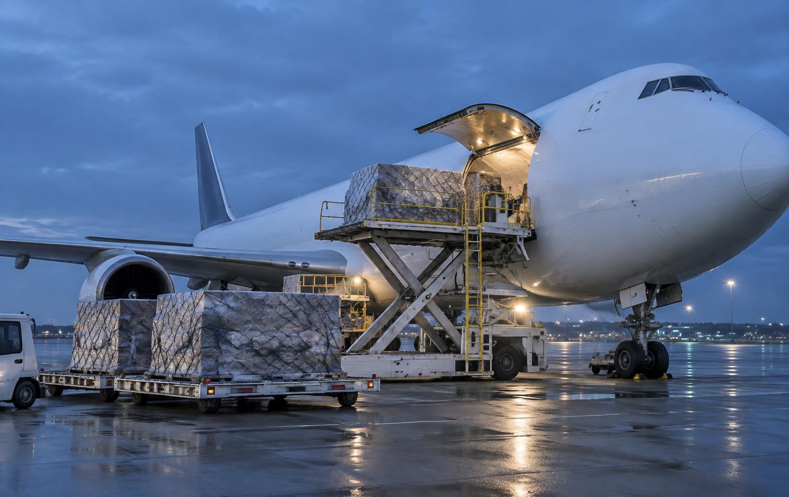 Air freighter aircraft being loaded with cargo pallets at blue hour