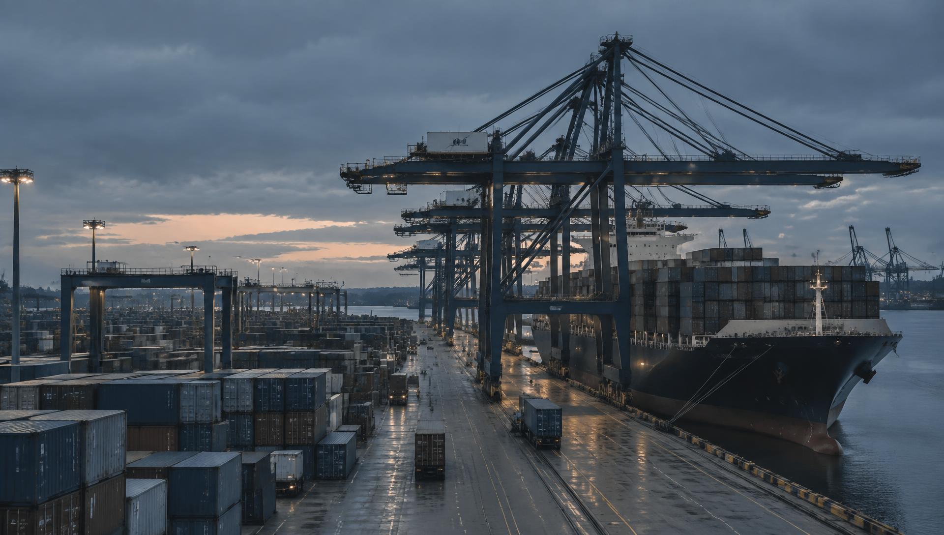Container terminal at dusk with ship-to-shore gantry cranes