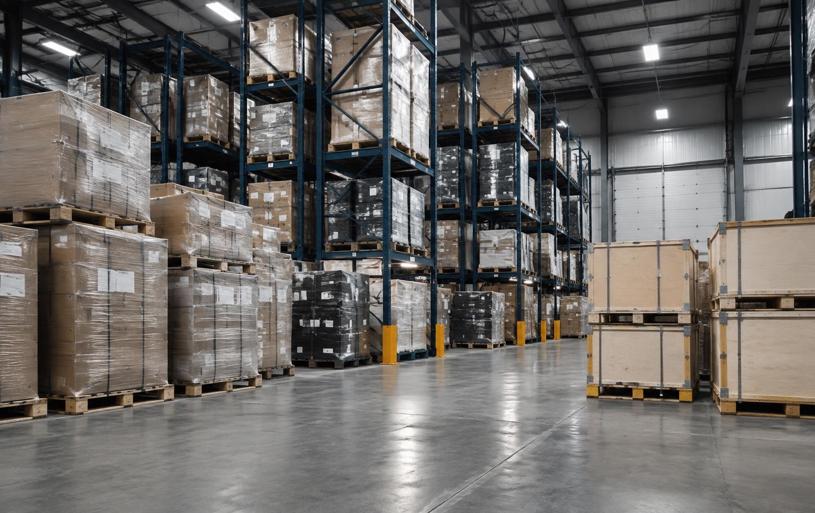 Palletised and crated cargo stored in a logistics warehouse